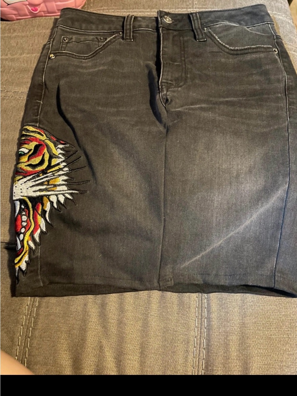 Ed Hardy Black Pencil Skirt with Colorful Tiger Embroidery
